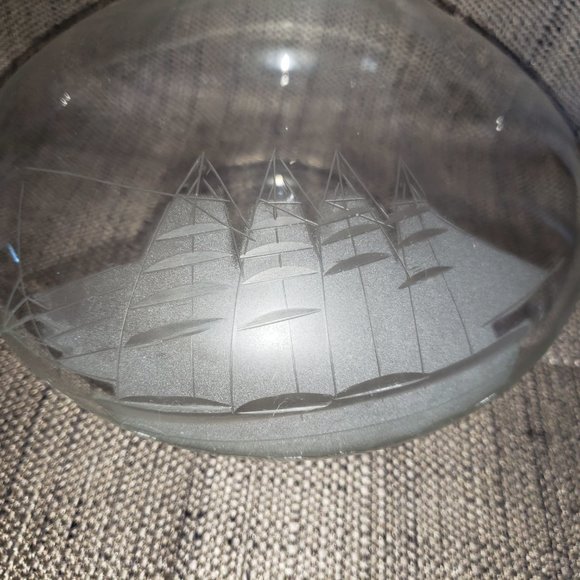 Vintage Etched Clipper Ship Crystal Brandy Decanter Stopper & 4 Snifter Glasses - Picture 3 of 9
